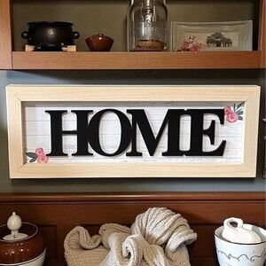 Wood Framed HOME Wall Art Small Sign Cottage Shabby Farmhouse Country 11x4